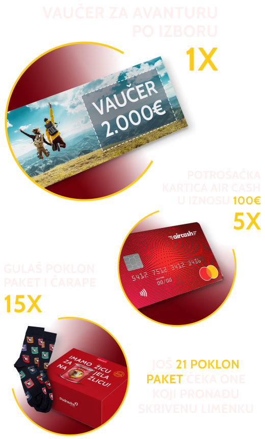 Nagrade nagradnog natječaja: 1 vaučer za avanturu po izboru, 5 potrošačkih AirCash kartica u iznosu 100€, 15 gulaš poklon paketa.